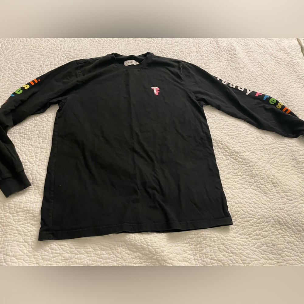 TEDDY FRESH Rainbow Colored Logo Graphic Print Long Sleeve Black Tee Shirt
